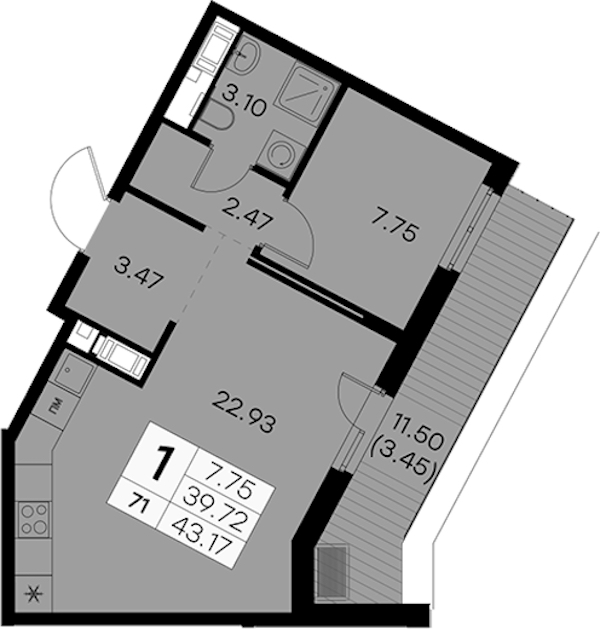 1-комнатная квартира 43.17 м², 8/8 эт., ЖК «Glorax City Балтийская»
